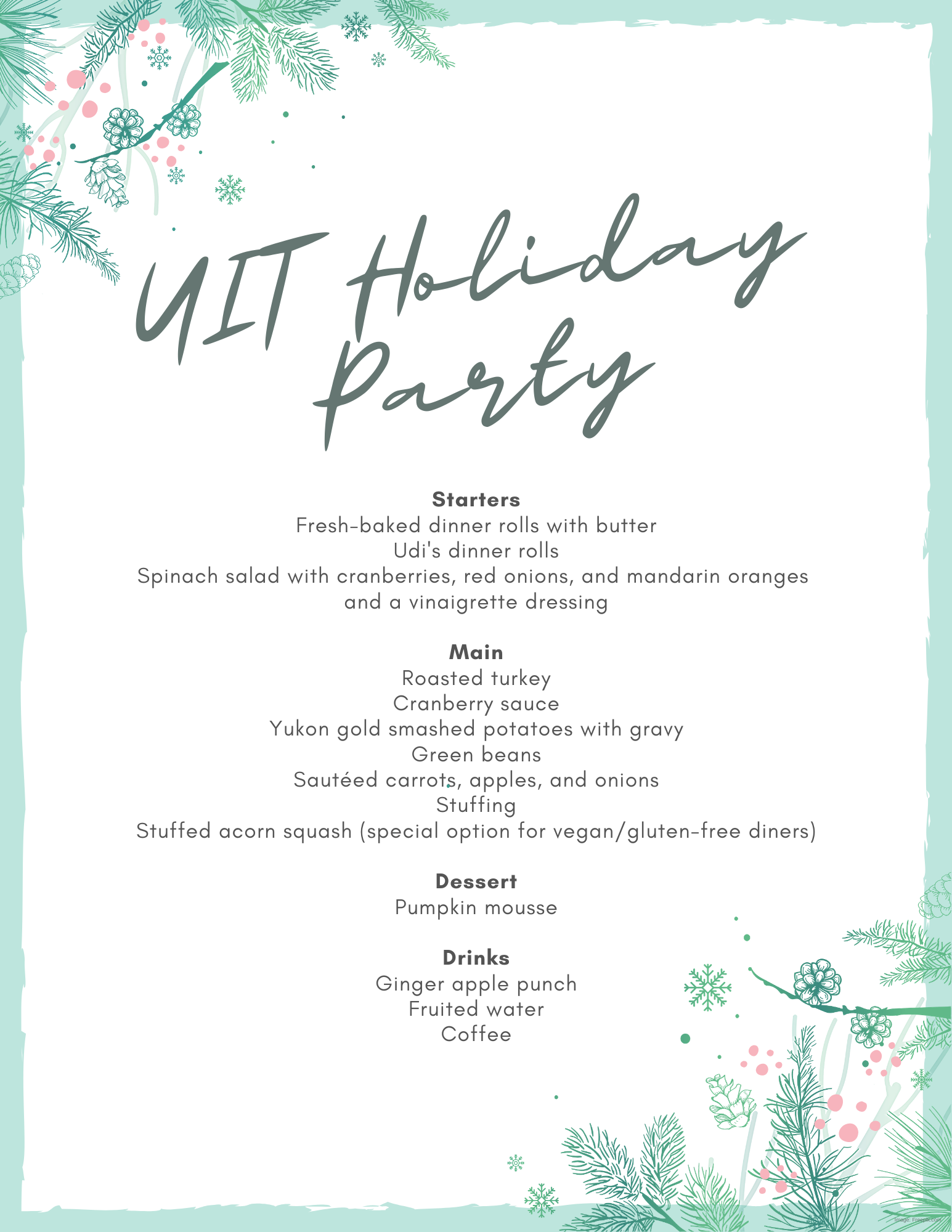 2019 UIT Holiday Party menu