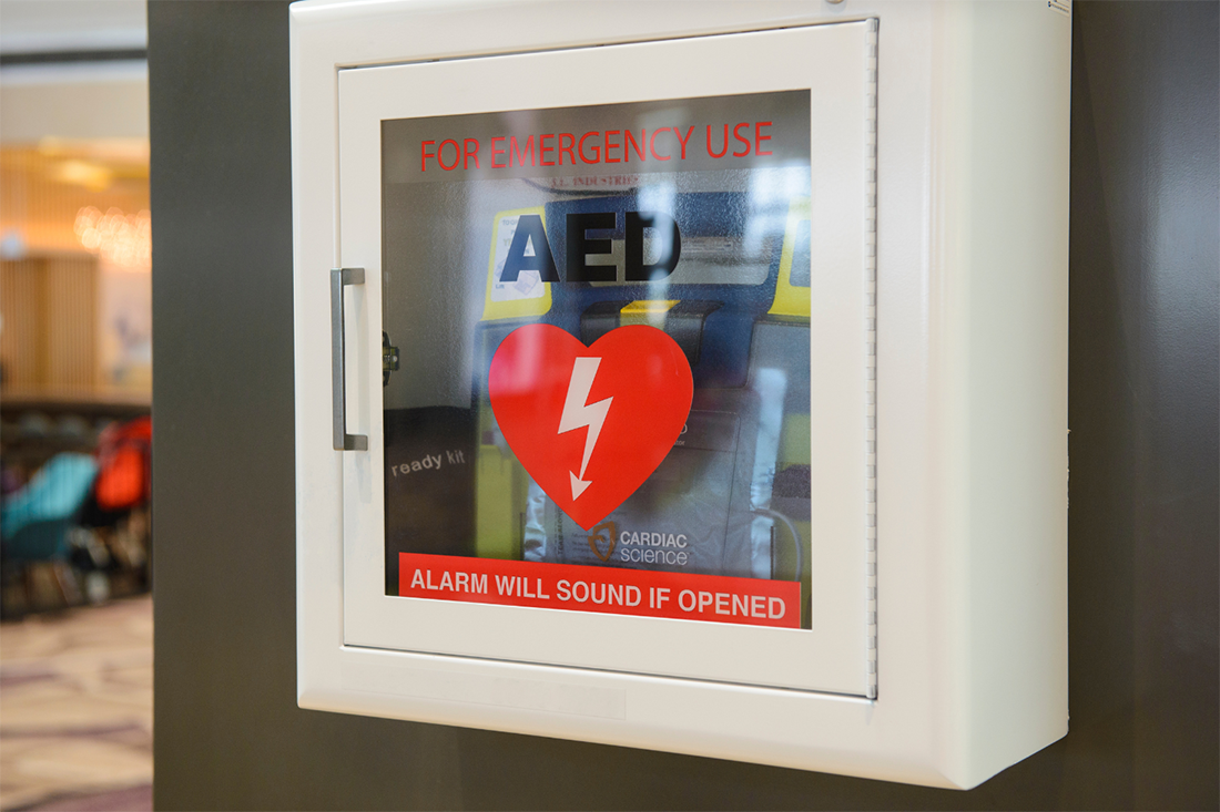      Automated external defibrillators (AEDs), like the one shown above, are located on every floor of 102 Tower.