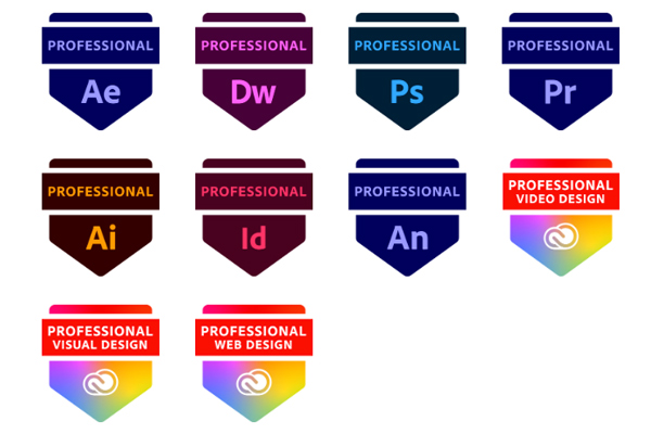 Digital certification badges for Adobe products and related skills.