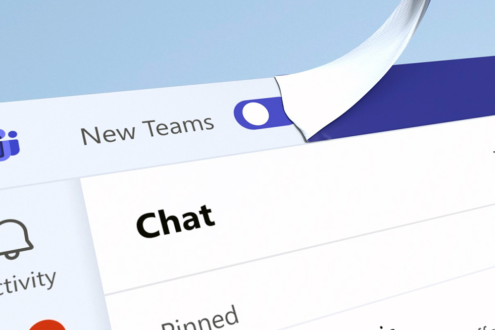 A Microsoft Teams chat window. At the top, a sticker is peeled away, revealing a toggle switch next to the words New Teams. Image courtesy of Microsoft.