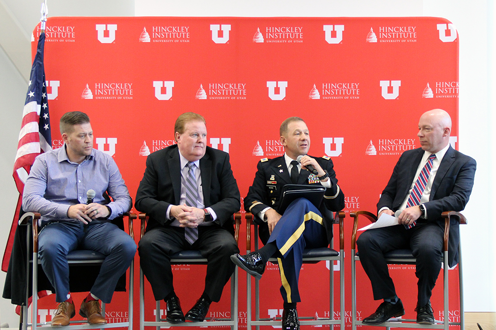 L-R: Guest speakers Jared Baker, Phil Bates, Col. David Becker, and the U's Chief Information Security Officer Randy Arvay, who moderated the Nov. 7 event, "U.S. Military Impact on Cybersecurity." Held at Gardner Commons, the panel discussion was cosponsored by the Gardner Policy Institute and Veterans Support Center.