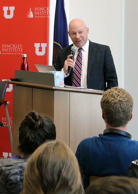 University of Utah CISO Randy Arvay addresses the audience at the panel event, "U.S. Military Impact on Cybersecurity."