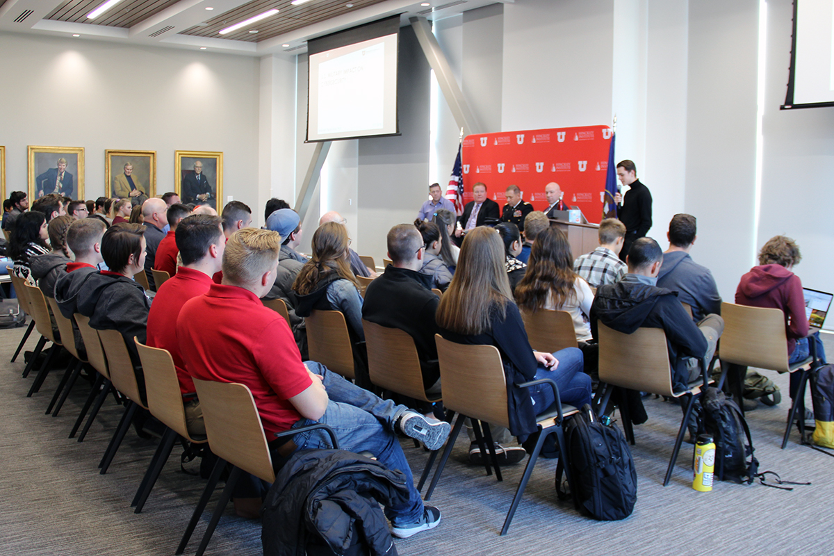The Pizza and Politics event, "U.S. Military Impact on Cybersecurity," was held in the Hinckley Institute Caucus Room at Gardner Commons.