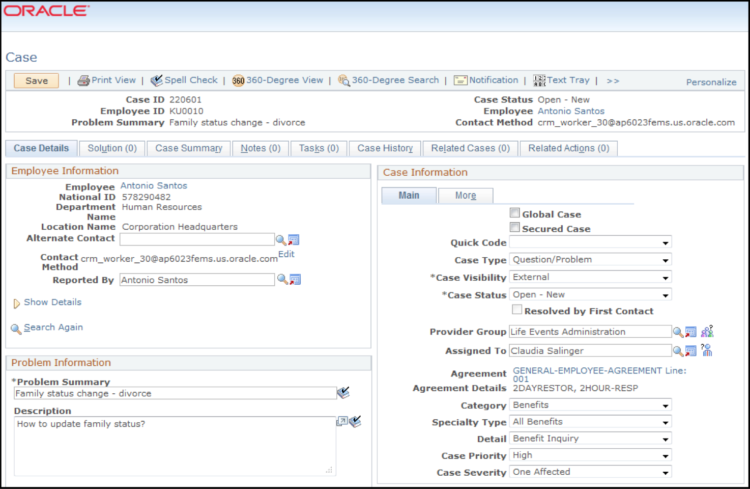 All case management activities are accessible on one page in PeopleSoft HR HelpDesk. (Screenshot courtesy of Oracle)