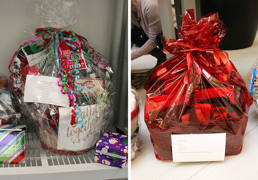 L-R: "Life is what you bake it!" basket from UIT Leadership, and "Sports Day/Night" basket from University Campus Computer Support.