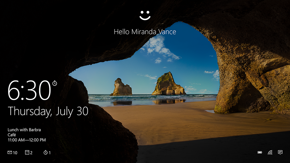 The Hello screen on Windows 10 that allows users to log in with face or touch recognition. Windows 7 users should migrate to Windows 10 prior to January 14, 2019. Image used with permission from Microsoft.