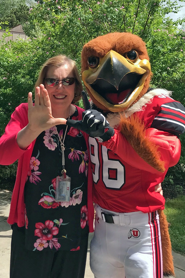 Dr. Millington and Swoop flash the U at the UIT Spring Party on May 29, 2018 at Tracy Aviary inside Liberty Park.  