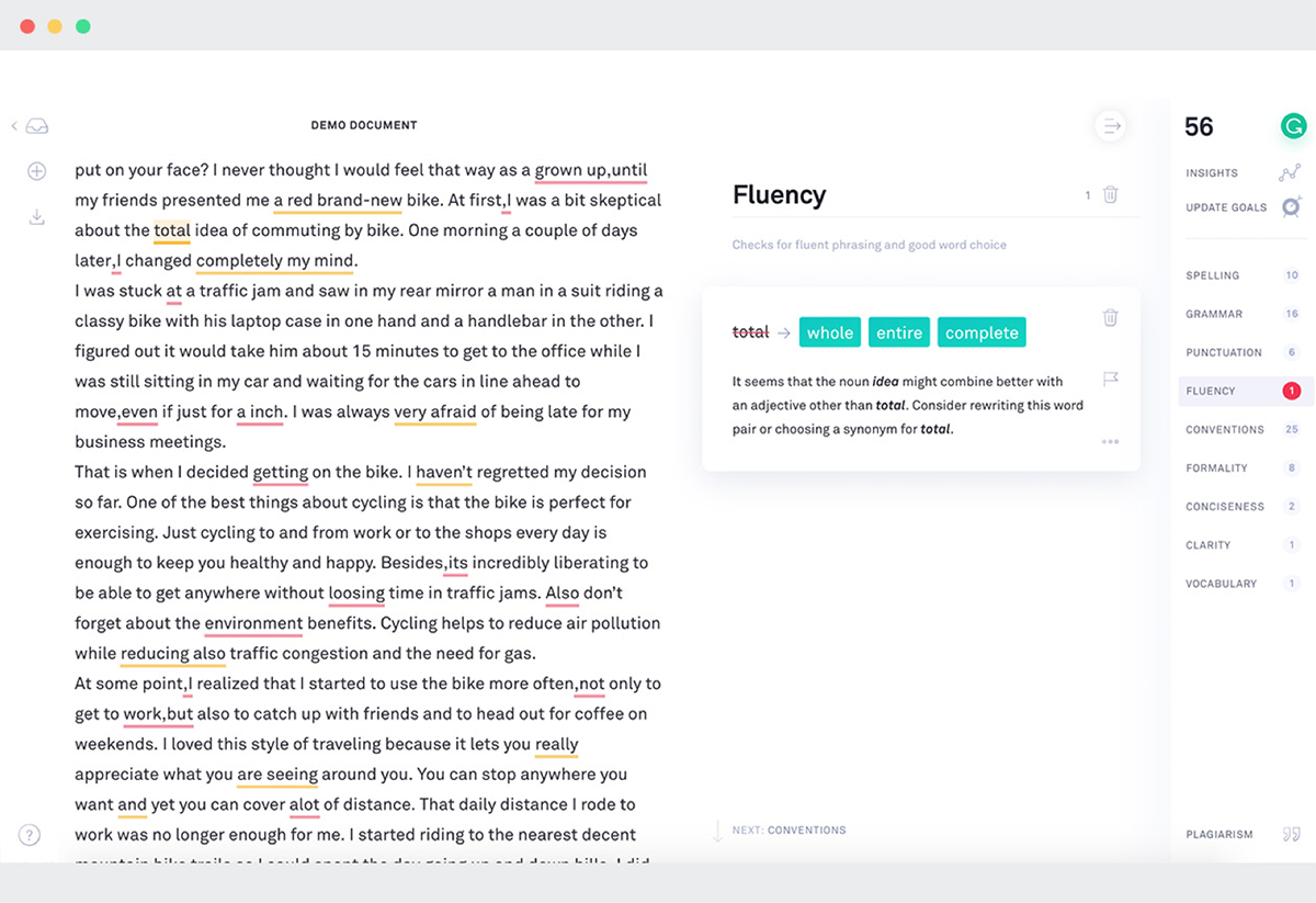 An example of Grammarly Premium's native editor application.