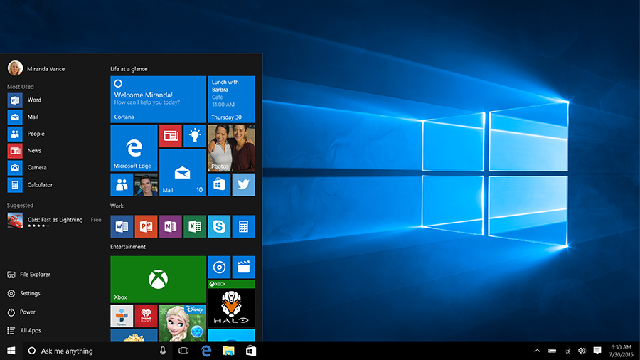 Windows 10 brings back the familiar start menu but is more customizable. Image used with permission from Microsoft.