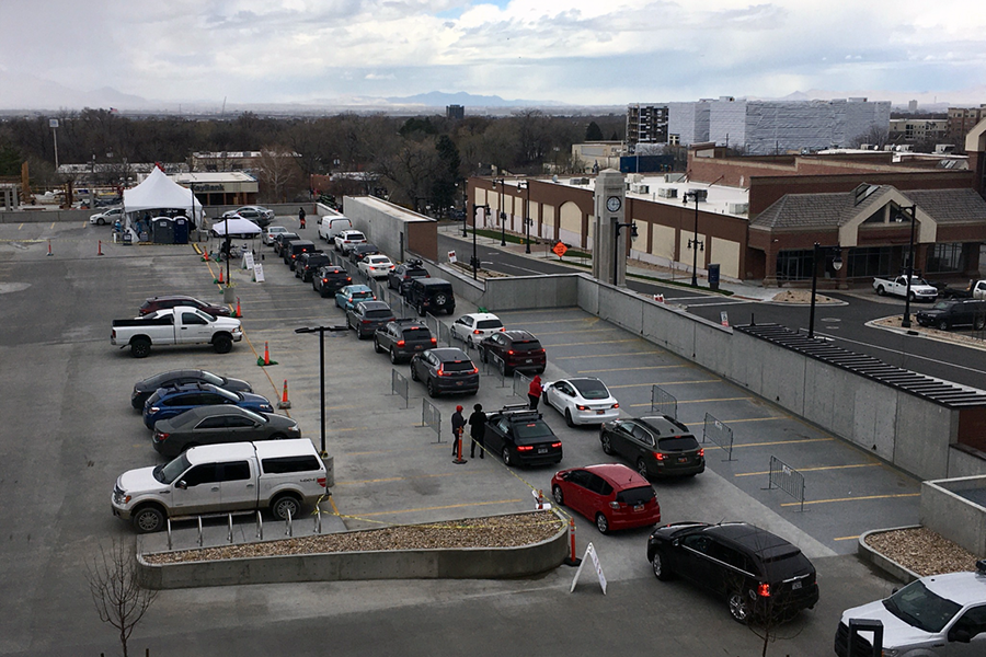 Traffic at the Sugar House Health Center's in-vehicle COVID-19 testing site (photo courtesy of Jim Livingston)