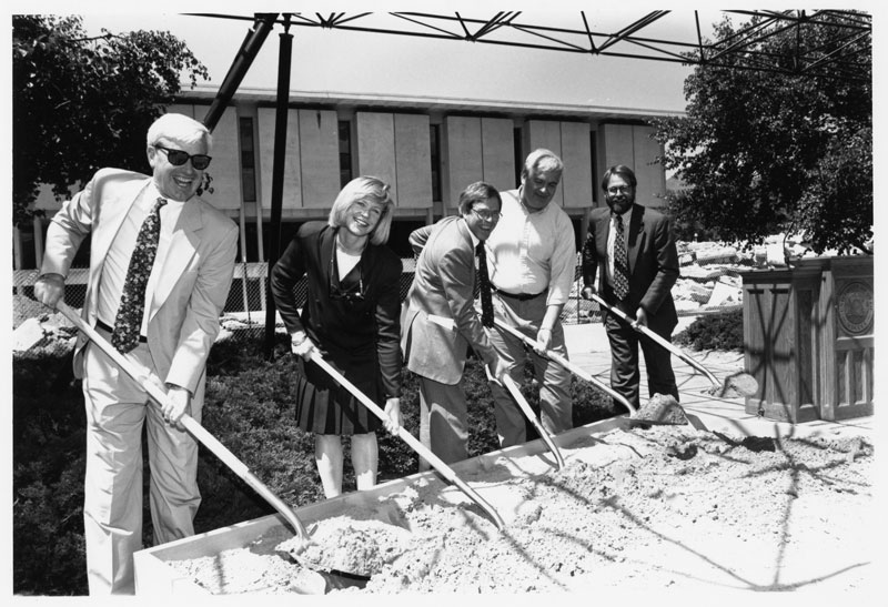 Glen Cameron, second from right, and other university leaders break ground in 1994 on the Marriott Library expansion.