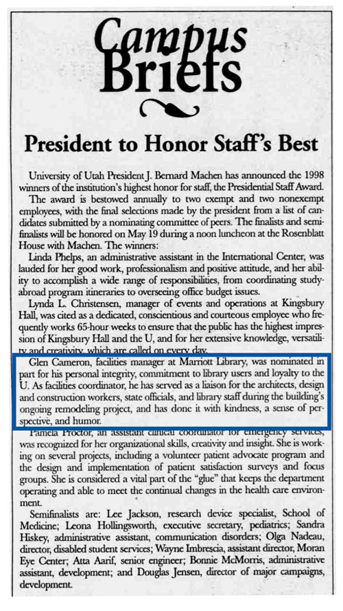 A campus brief in the Daily Utah Chronicle announces that Glen Cameron won the 1998 Presidential Staff Award.