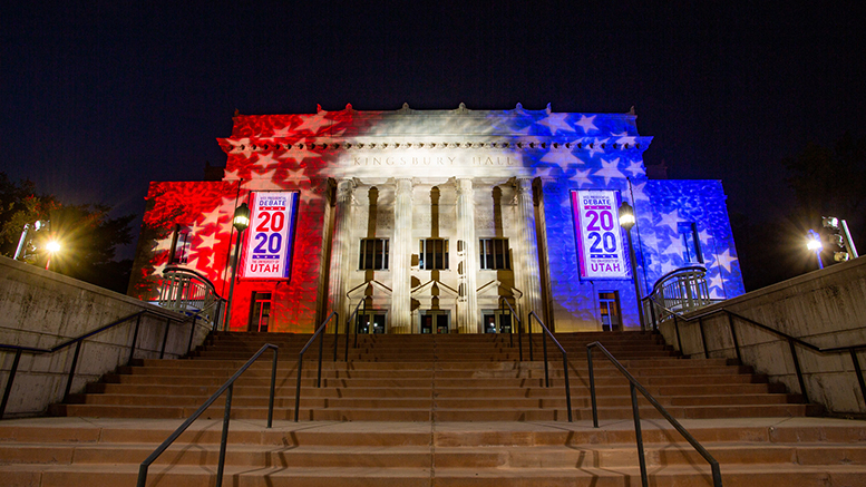 A motif of the American flag is projected on Kingsbury Hall on October 6, 2020, the night before the United States vice presidential debate. Image courtesy of the University of Utah.