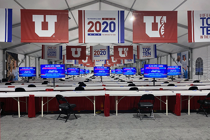 Inside the 14,000-square-foot media filing center tent constructed on the lawn in front of the Park Building (photo courtesy of Mike Ekstrom)
