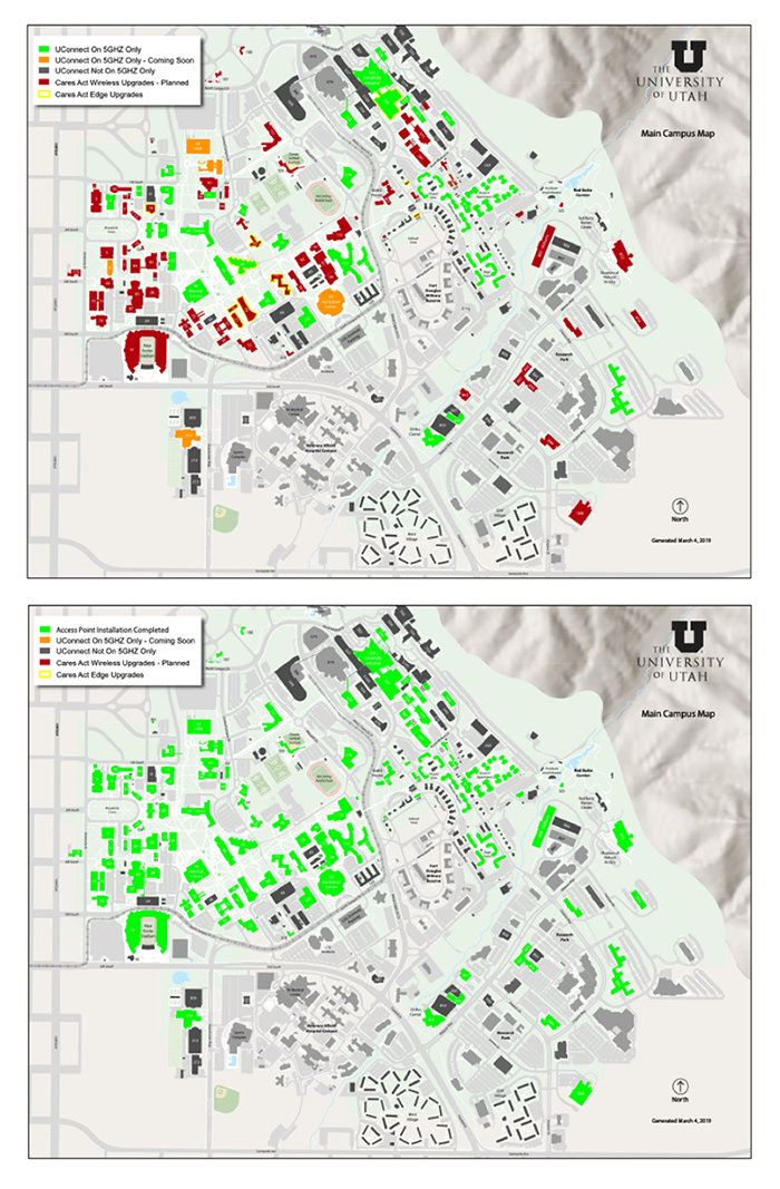 Wi-Fi coverage at the U before and after CARES Act funding, courtesy of UIT Network Services (select to enlarge).