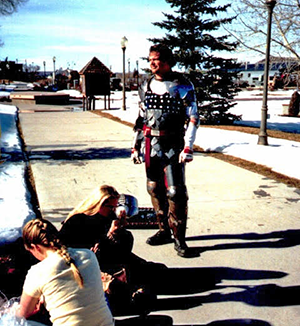 Sageser suited up in armor more than 20 years ago. He is still wearing a coat of plates, but went to smaller pauldrons (shoulder armor) and ABS plastic (instead of rubber trash can) legs.