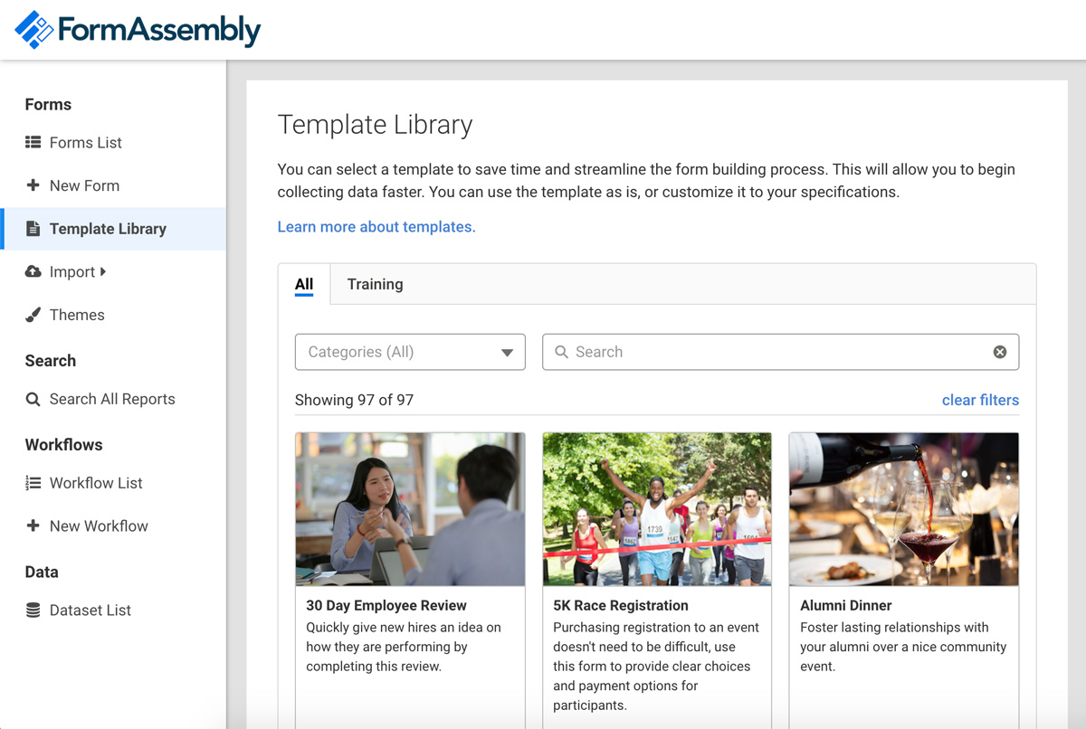 The template library in FormAssembly.