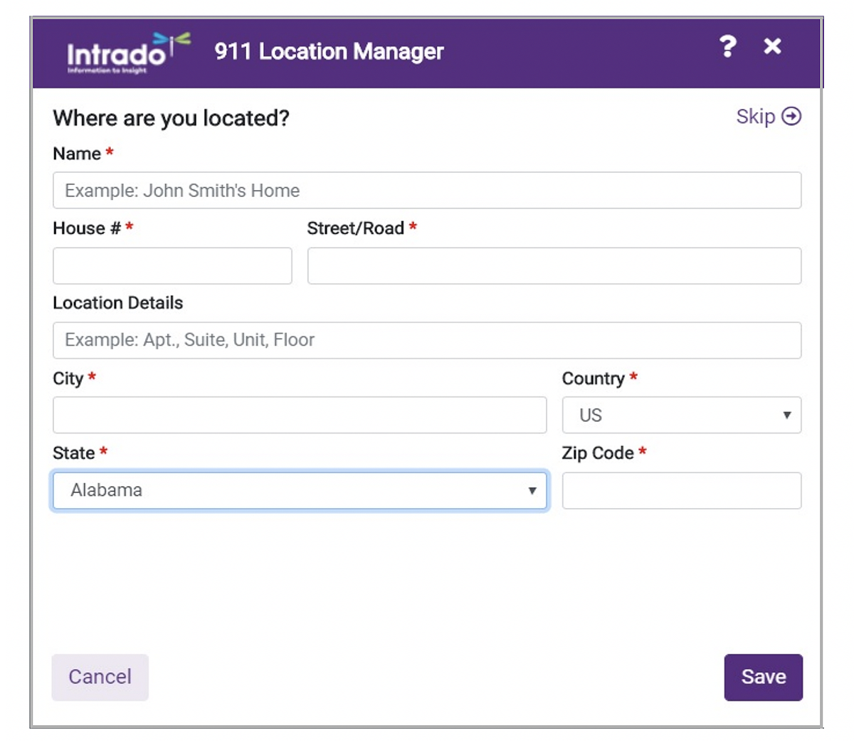 Screenshot of the Intrado E911 location manager screen where you enter your current location. Select the image to enlarge.