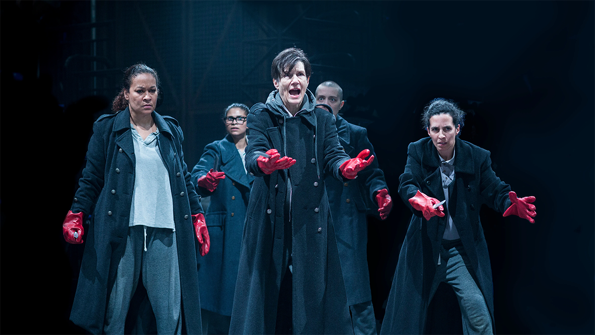 An all-female/non-binary cast, led by Harriet Walter (pictured at center), perform Julius Caesar in 2012 at the Donmar Warehouse in London. This version of the William Shakespeare play was set in a women’s prison. Image courtesy of Drama Online.