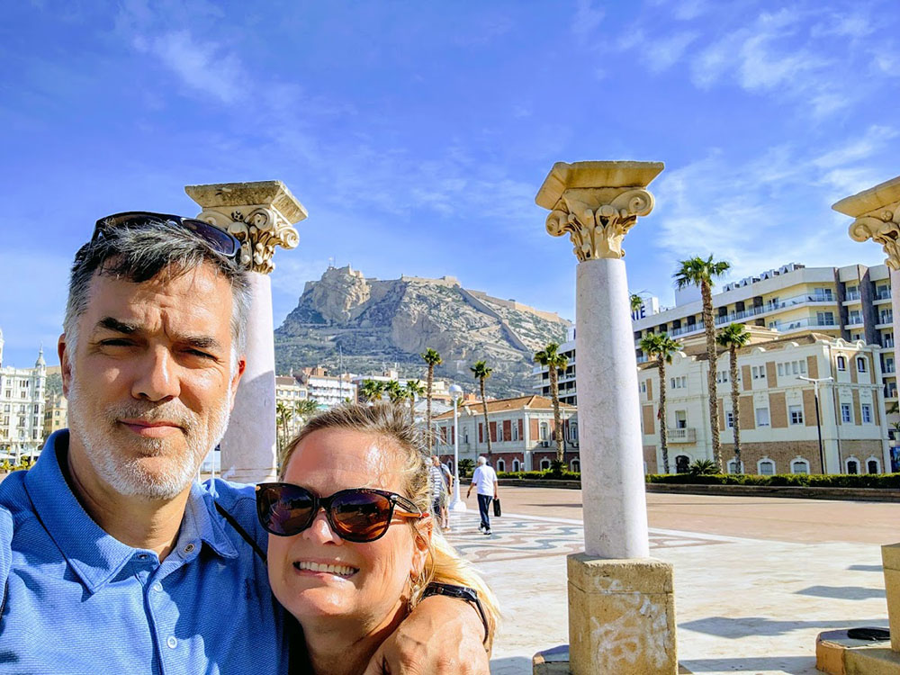 Dave and Sandra Packham in Alicante, Spain before hiking to Castell de Sant Ferran.