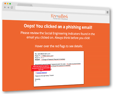 If a user falls for a simulated phishing email, they will be directed to a KnowBe4 webpage, which includes information about the red flags of the fake phish, and enrolled in an IT security awareness course. (Courtesy of KnowBe4)
