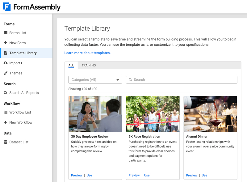 A screenshot of the FormAssembly Template Library, which includes a summary on templates and three template examples (30 Day Employee Review, 5K Race Registration, and Alumni Dinner). The navigation on the left side includes four categories with subsections and their icons: Forms with Forms List, New Form, Template Library (highlighted in blue), Import, and Themes; Search with Search All Reports; Workflow with Workflow List and New Workflow; and Data with Dataset List.