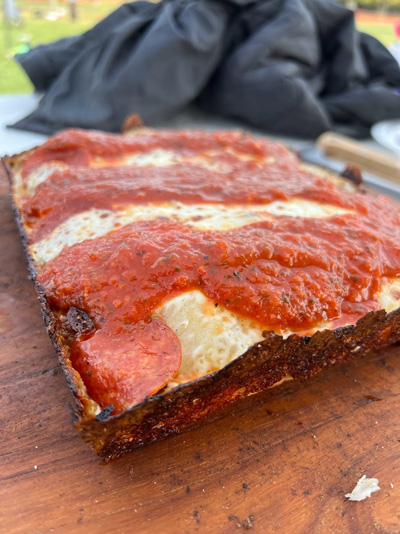 A Detroit-style pepperoni pizza made by Harris.