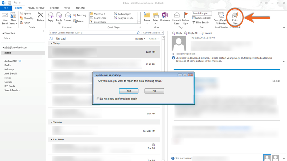 In the Outlook desktop client, the Phish Alert button is in the top right of the toolbar.