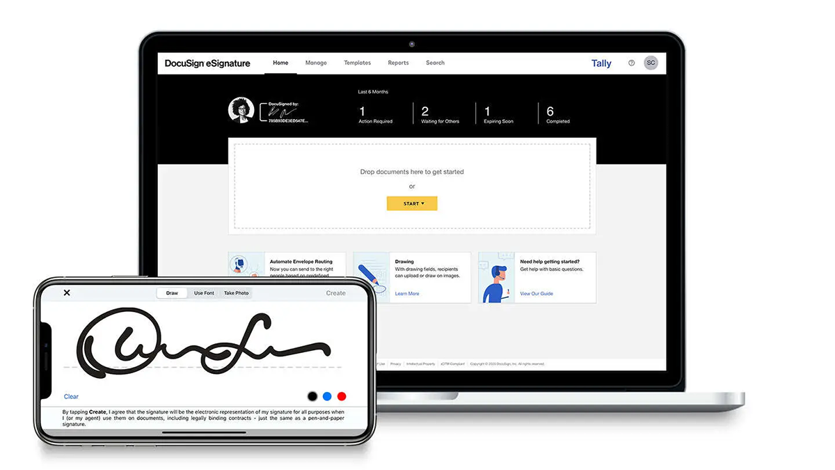 Illustration of the DocuSign e-signature service interface on mobile devices, courtesy of DocuSign.