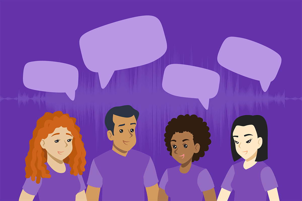 Illustration of four people dressed in purple with empty speech bubbles above them, on a purple background that features a soundwave element.