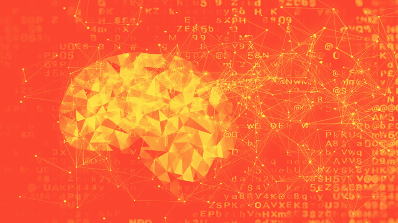 An illustration of a brain made of geometric shapes on an orange background filled with letters, numbers, and thin lines connected by dots.