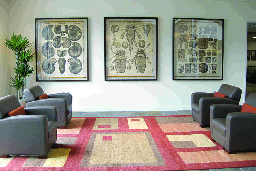 Antique lithographs adorn the walls of the Confluence area.