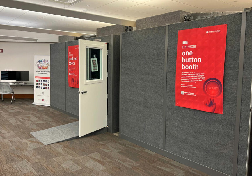 One Button Studio media production studio and podcast booth at ProtoSpace. Image courtesy of Marriott Library. One Button Studio media production studio and podcast booth at ProtoSpace. Image courtesy of Marriott Library.