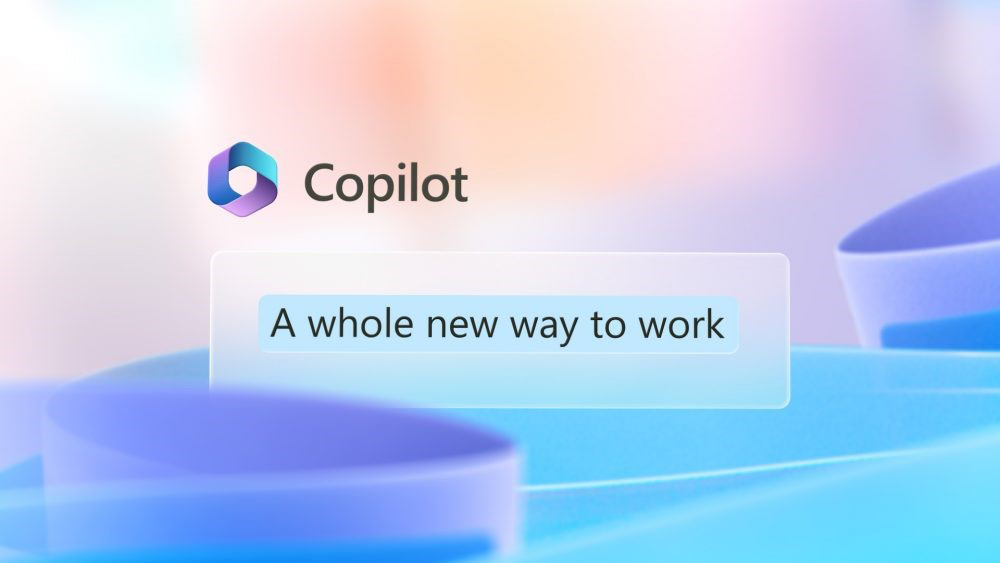 The Copilot logo above a translucent text box that reads, "A whole new way to work." The bottom of the background resembles purple and blue ribbons winding from front left to back right, with peach and other gradient hues at the top.