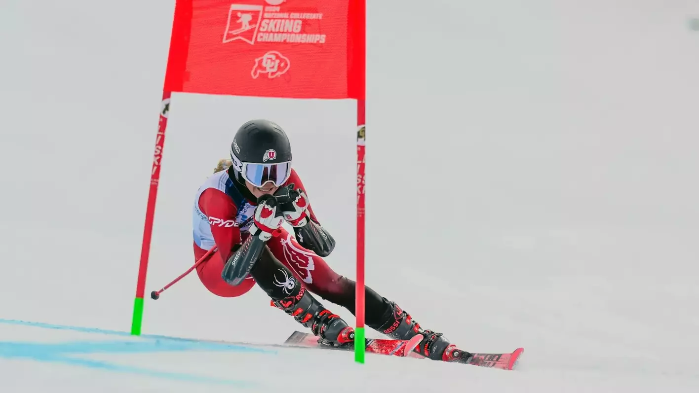 A member of the University of Utah Alpine Ski Team competes in the 2024 National Collegiate Skiing Championship at the University of Colorado. (Photo courtesy of the University of Utah)