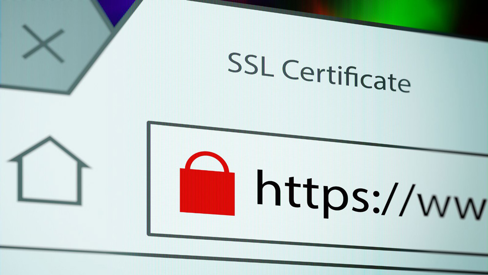 A tab in a web browser reads "SSL Certificate." The address bar shows a red lock and a URL that begins with "https."