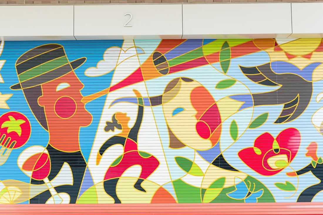 A mural by Salt Lake City artist Traci Covey titled "Imagine," one of the scavenger hunt clues, is located on a loading dock door on the south side of the George S. and Dolores Doré Eccles Theater.