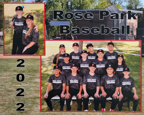 A photo collage of the 2022 Rose Park Baseball High West Contractors team, which Winters coached. The background image shows a building at Riverside Park. Winters poses with her son Jaxon in the top left image. Winters poses with the High West team in the bottom right image. (Photo courtesy of Heather Birky Winters)