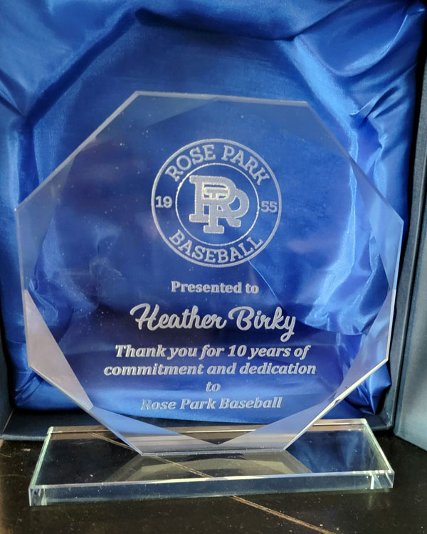 The crystal award Winters received. (Photo courtesy of Heather Birky Winters)