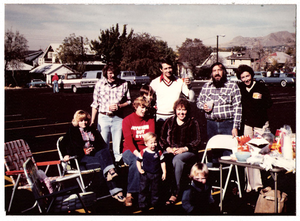 Hemingway's father took this photo of his wife, Wendy Hemingway (center left in the red "Anywhere but BYU" shirt), tailgating with other Utah Football fans in fall 1980.