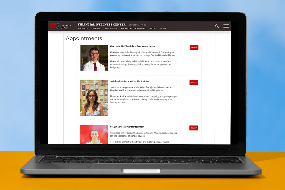 The Financial Wellness Center web portal, represented here, allows university students to schedule financial consulting appointments held in person or virtually.