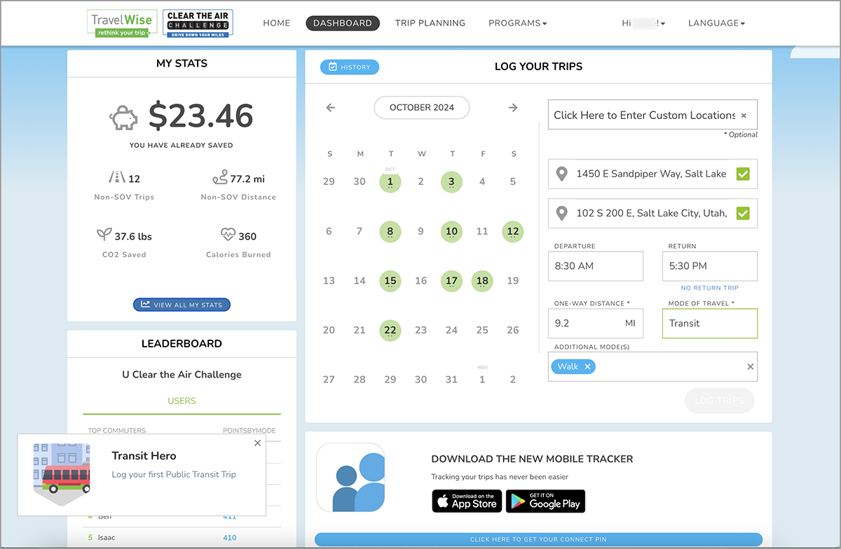 Example of a dashboard in a TravelWise Commute Tracker account. 