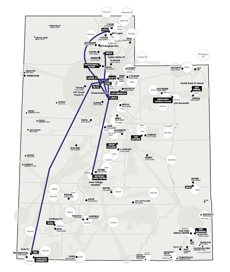 The Utah Education and Telehealth Network infrastructure map shows UETN’s broad network that spans from Logan to St. George and connects all Utah school districts, schools, and higher education institutions, including the University of Utah.