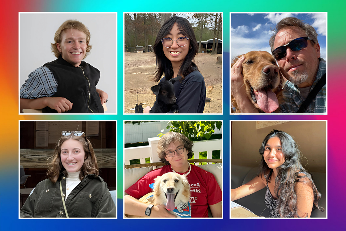 Clockwise from top right: Canyon Sargent, Kelly Dam, Tony Sams, Diya Mandot, Drew Dennison, and Olivia Etz. Sargent, Dam, Mandot, Dennison, and Etz are Adobe creative consultants in UIT Digital Learning Technologies (DLT); Sams is DLT Learning Experience Team manager.