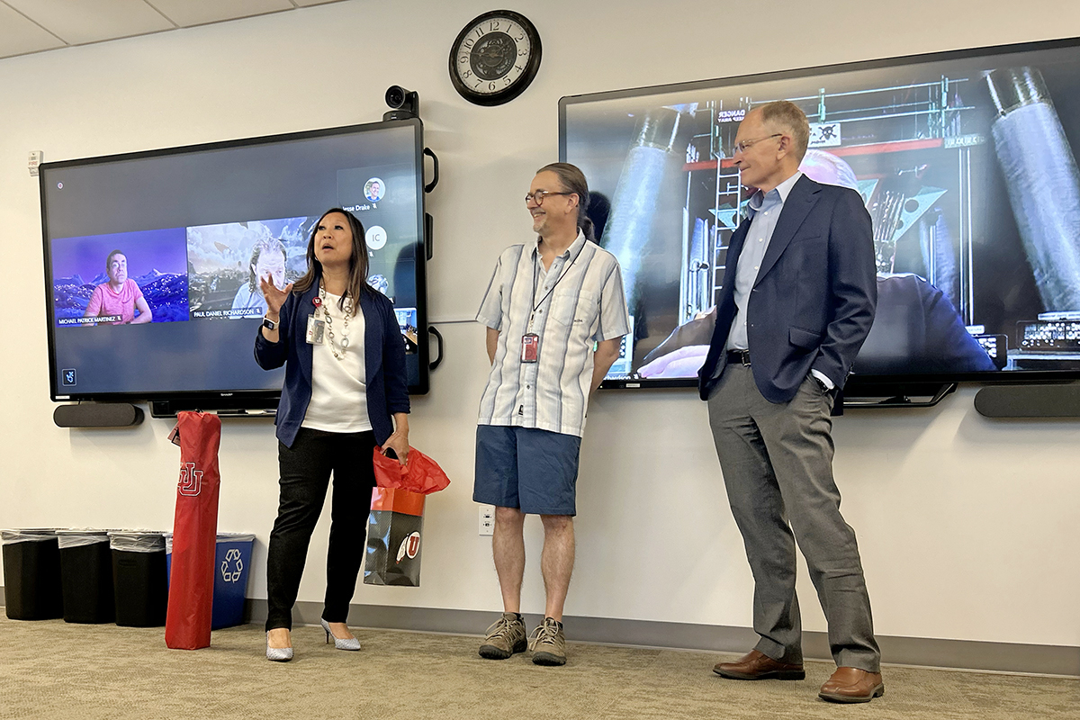 L-R: Kim Tanner, director of Platform Services, Jon Ross, senior middleware systems administrator, and Steve Hess, chief information officer, at a retirement reception for Ross on July 22.