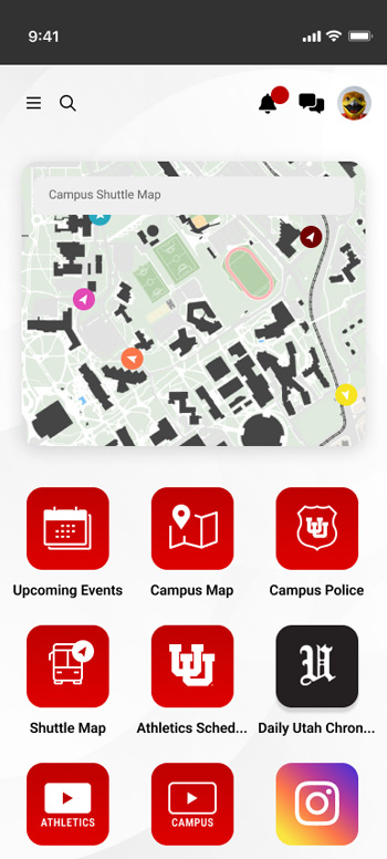 A Utah 360 screen, which features a Campus Shuttle Map at the top and various items of interest.