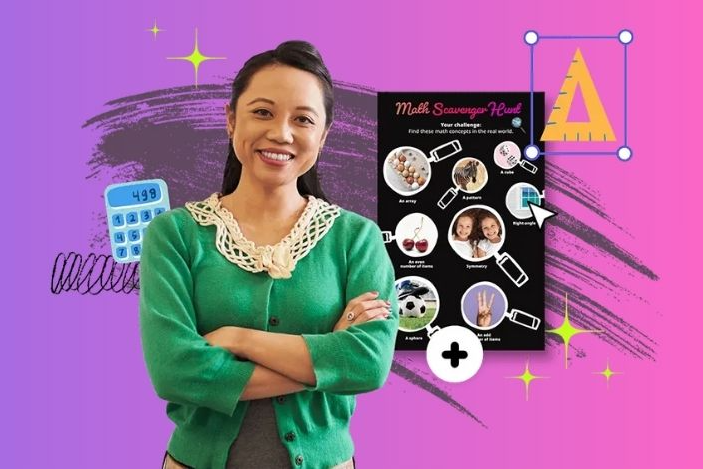 A women in a green sweater and arms folded stands in front of various Adobe related elements.