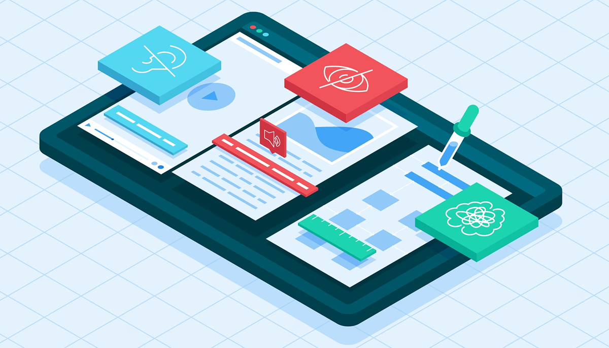 Colorful isometric illustration of a computer tablet and stylus depicting digital accessibility.