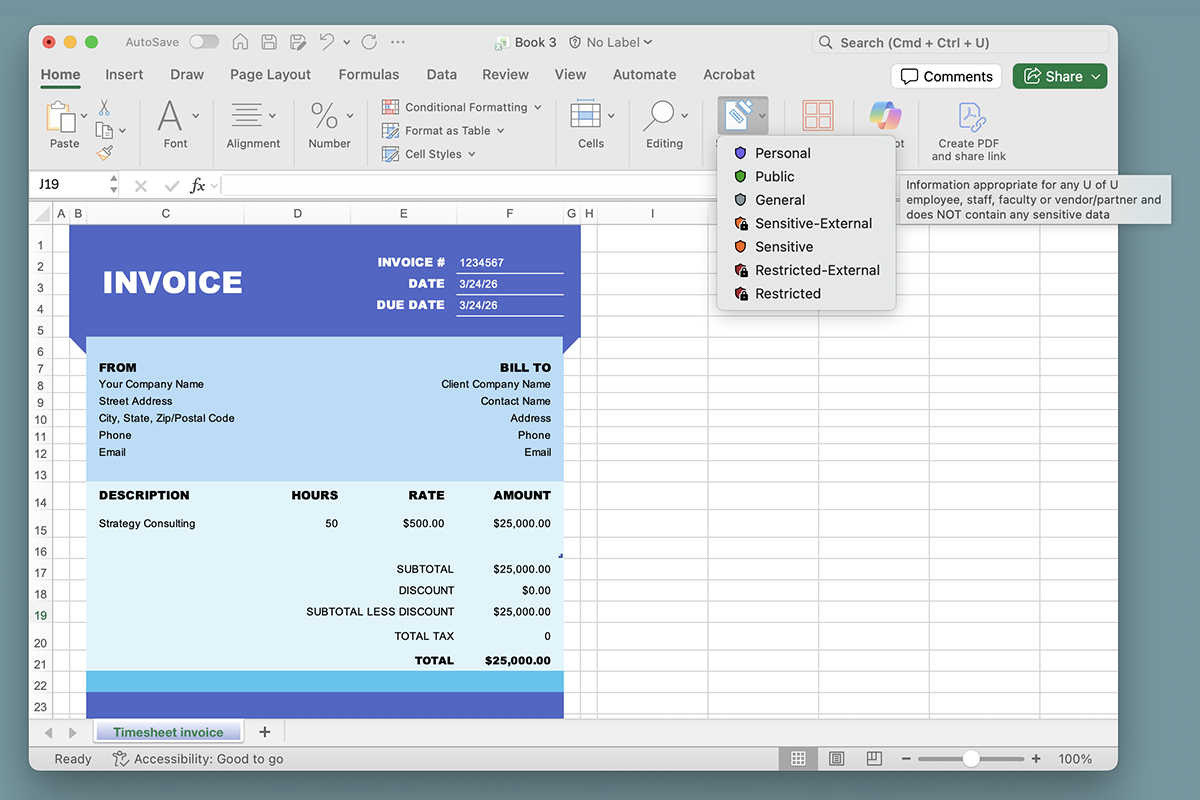 A generic Microsoft Excel document is assigned the “General” sensitivity label, used when information is appropriate for U of U staff, faculty, and vendors/affiliates, and does not contain any sensitive and/or restricted data.