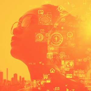 An illustration of a woman with glasses looking skyward as icons representing her personal data swirl around her head.